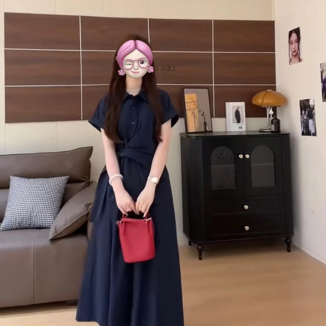 韩系洋气减龄时尚V领收腰系带套装裙显瘦短袖衬衫显瘦百搭半身裙