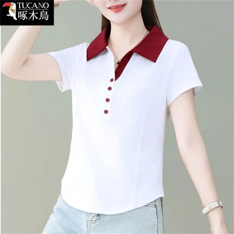 啄木鸟夏季显瘦拼接撞色短袖t恤女2025年新款纽扣POLO领通勤上衣