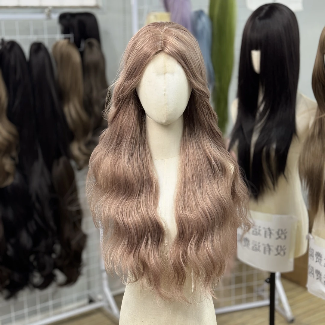 豆沙粉小额蕾丝中分羊毛卷水波纹自然假发全头套