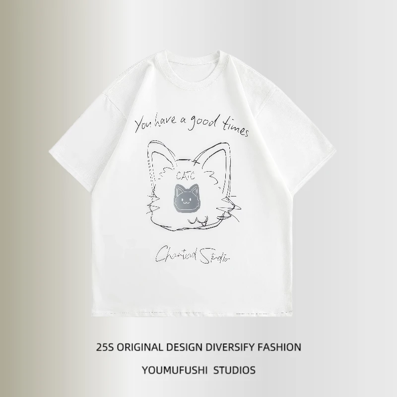 美式复古百搭手绘猫咪涂鸦印花短袖男女t恤夏宽松半袖