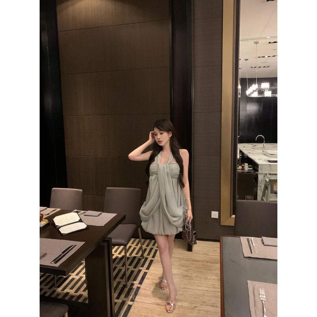 实拍 古早感氛围感白色千金重工褶皱连衣裙