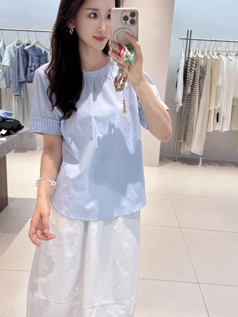 衬衫-81974时尚风琴褶短袖圆领