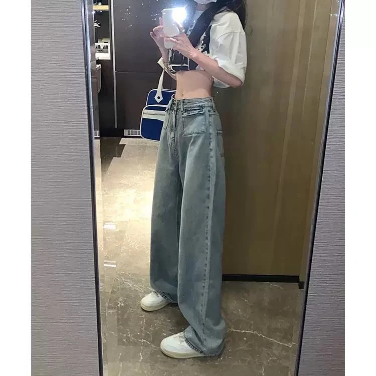 2353港味复古口袋牛仔裤夏季设计感小众阔腿裤高腰直筒拖地裤