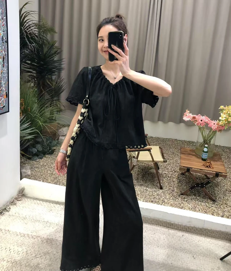 森系复古镂空刺绣度假感廓形系带上衣+显瘦时尚气质阔腿裤套装女