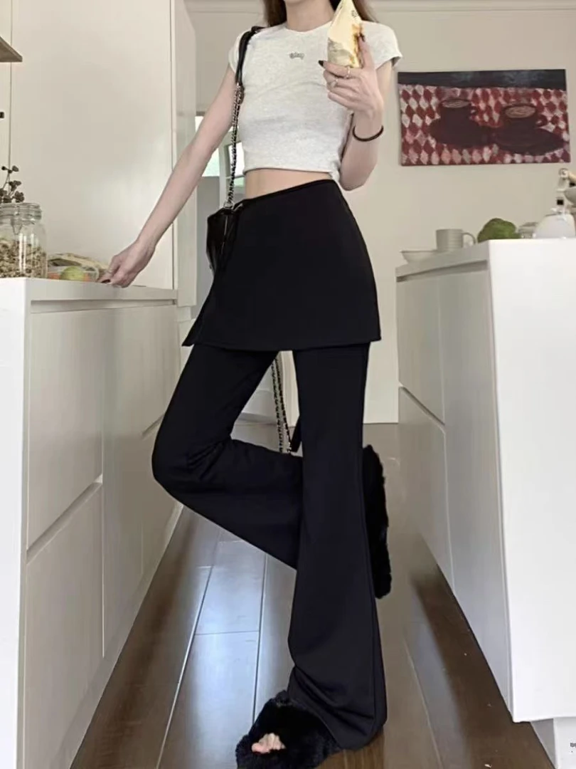 《盈盈家》高腰洋气韩范拼接黑色微喇喇叭裤