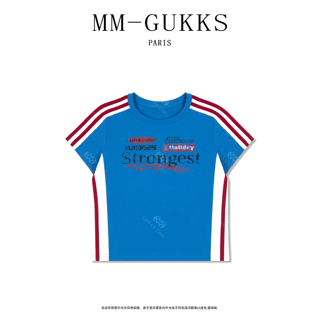 明明GUKKS/2025夏季美式撞色字母印花落肩袖短袖T恤女士设计师款