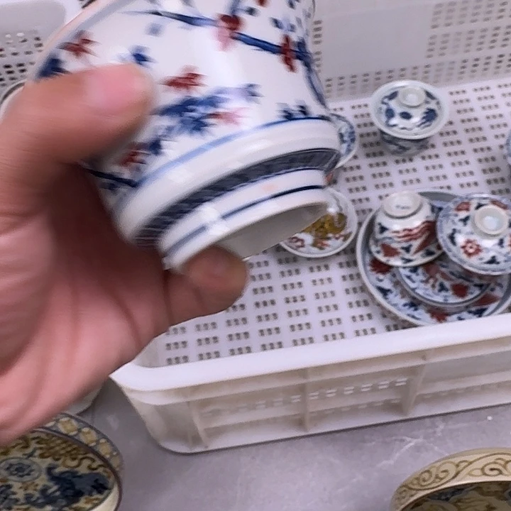 摆件釉里红松竹梅两才盖碗微瑕