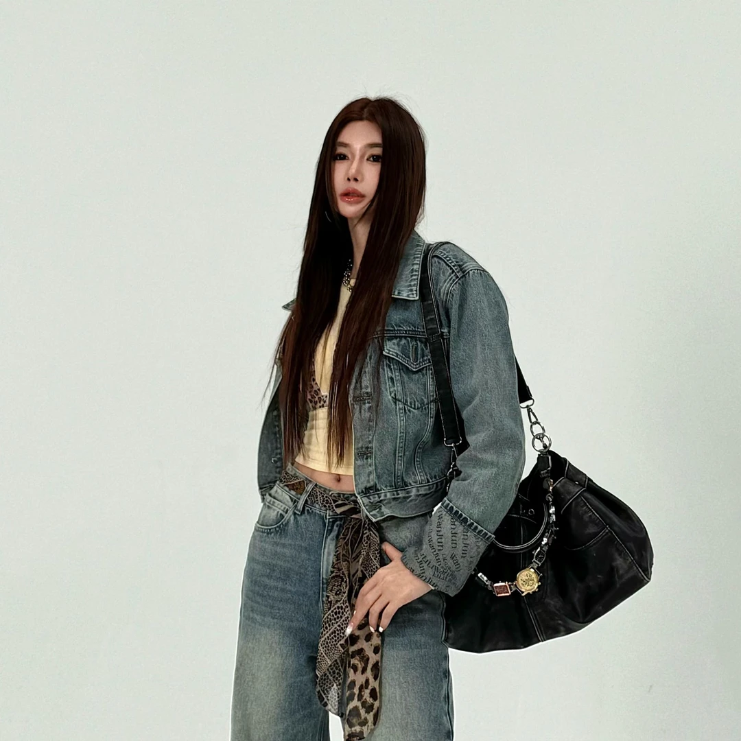 LI婉君【大王字母外套】美式复古高街宽松牛仔短外套LWJ25A1TZ291