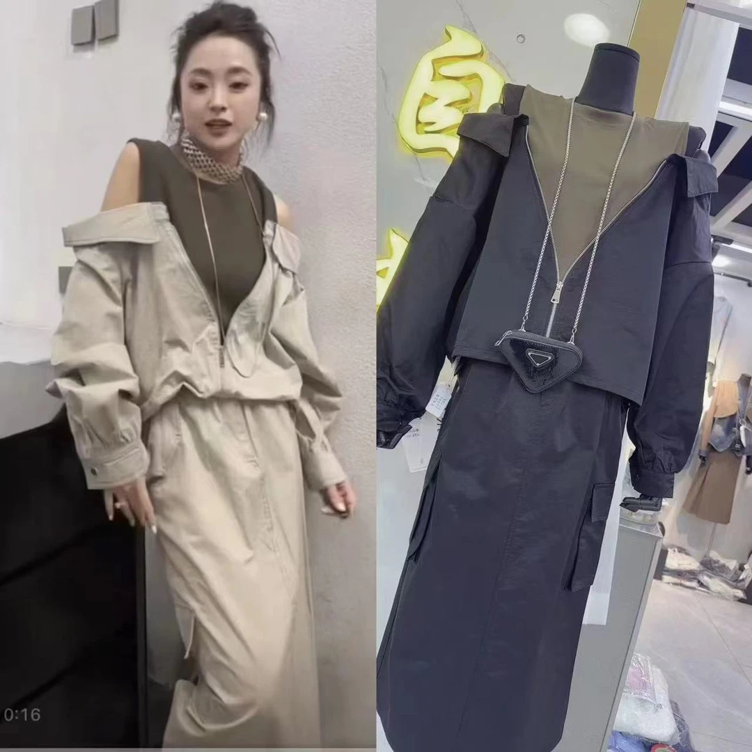 D96626时尚拼接工装套装春节新款露肩上衣+半身裙两件套