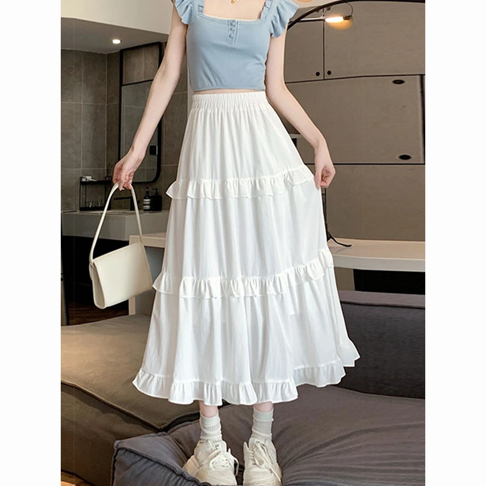 白色蛋糕裙女春夏2025新款高腰a字中长款荷叶边小个子大摆半身裙