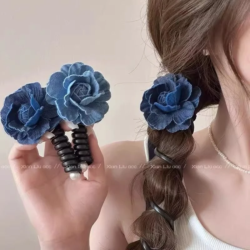 夏天牛仔蓝花朵电话线发圈网红2024新款皮筋扎头女高级感头花头饰