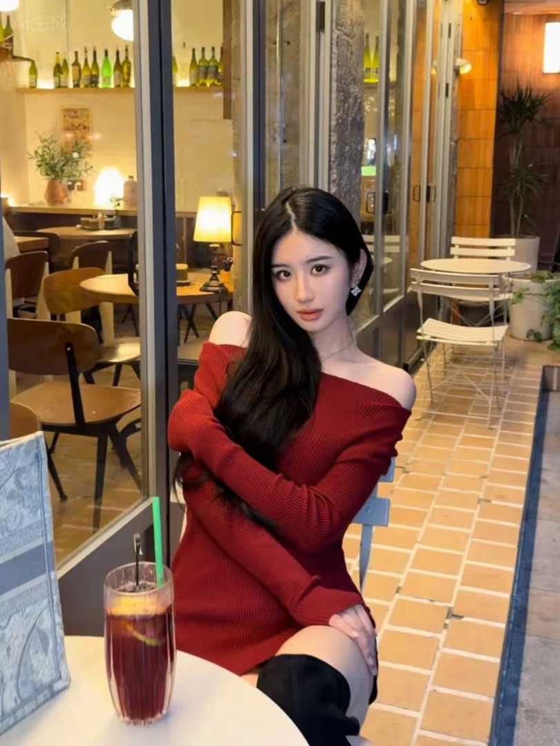 JIUYUE九月斜肩针织衫小众高级设计感气质修身一字肩长袖上衣