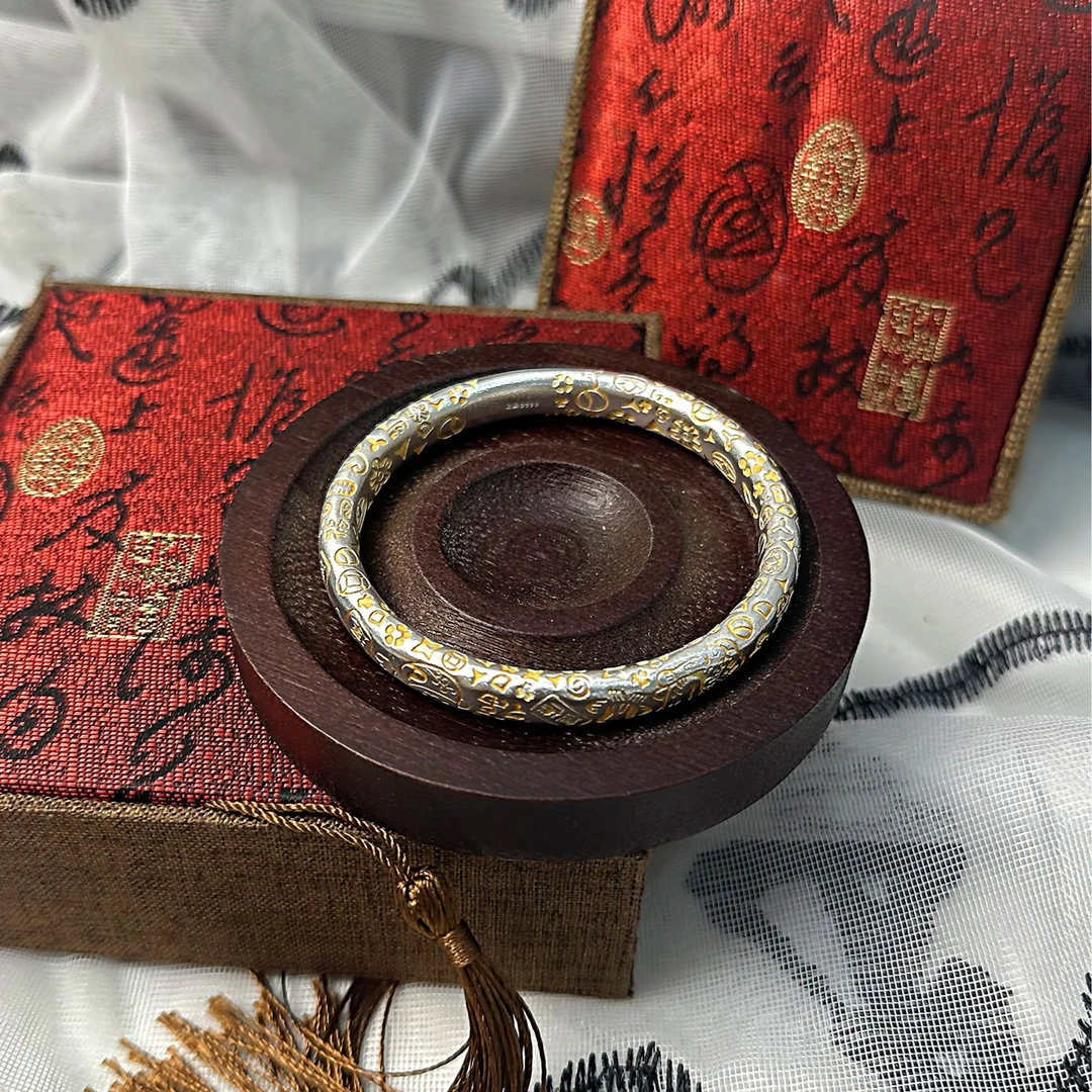 足银手镯 S162 百福吉言手镯闭口经典百搭手工时尚复古