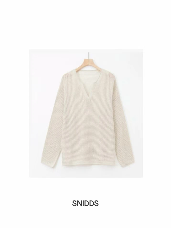 8/12 女士 镂空亚麻混纺肌理感长袖V领针织衫