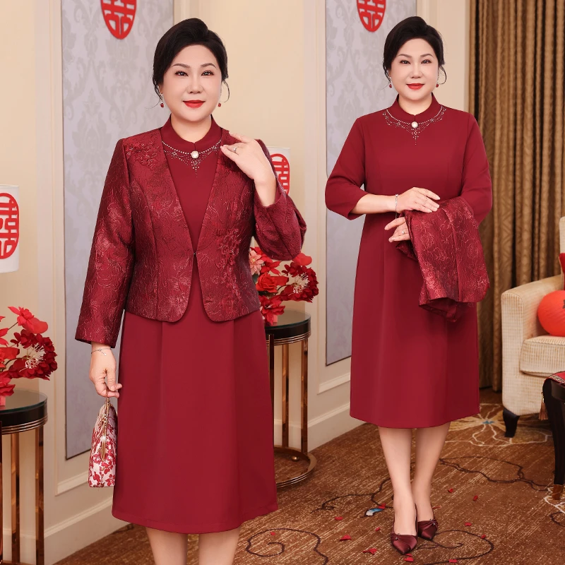中老年妈妈装婚宴两件套喜妈妈婚宴高端礼服订婚连衣裙