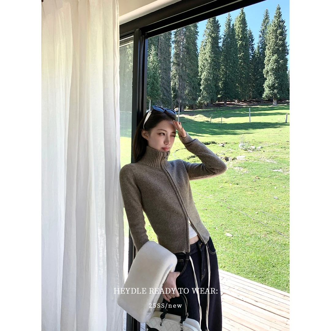 黑豆哼哼 椰蓉奶冻*双拉头立领针织开衫女秋冬复古翻领毛衣外套