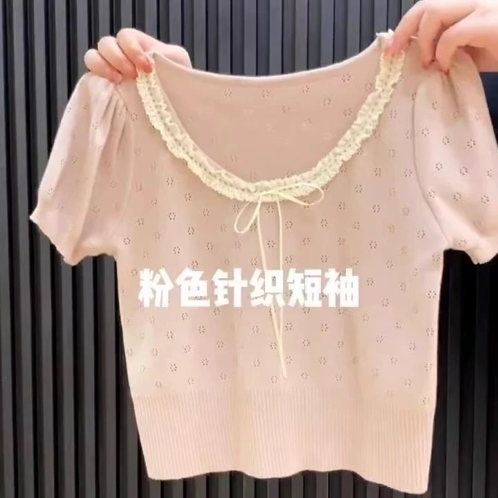 可爱甜美花边系带蝴蝶结短袖针织衫女夏季显瘦小众短款遮肚子上衣
