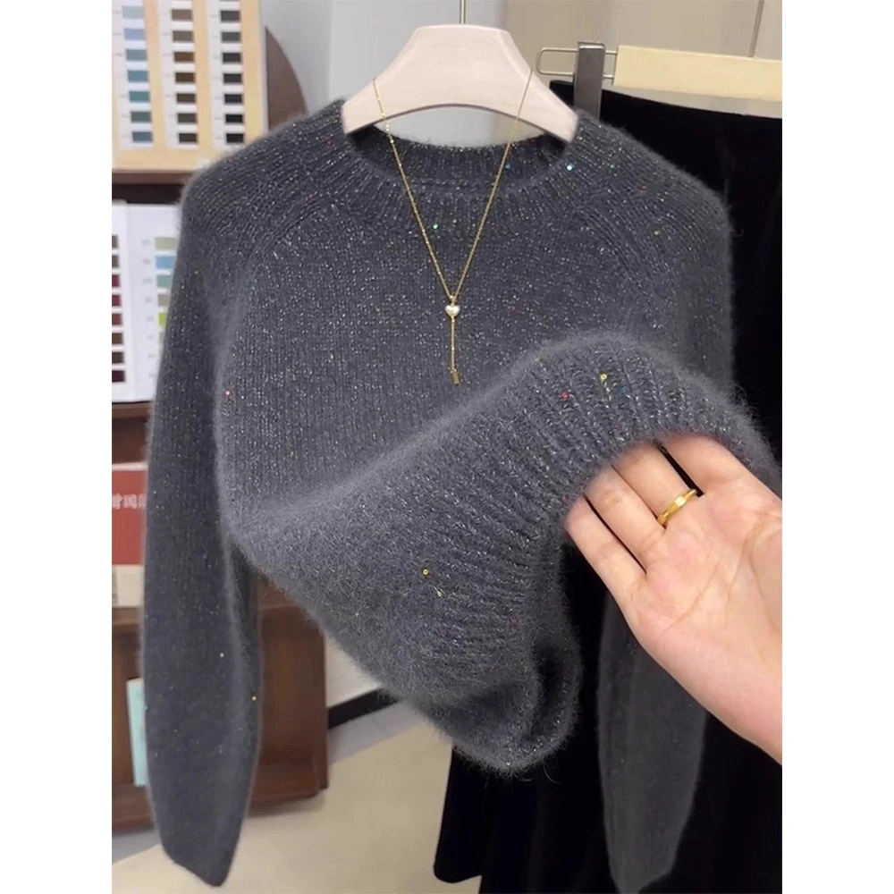 轻奢高级感亮片圆领毛茸针织衫女显瘦慵懒风套头毛衣秋冬2025新款