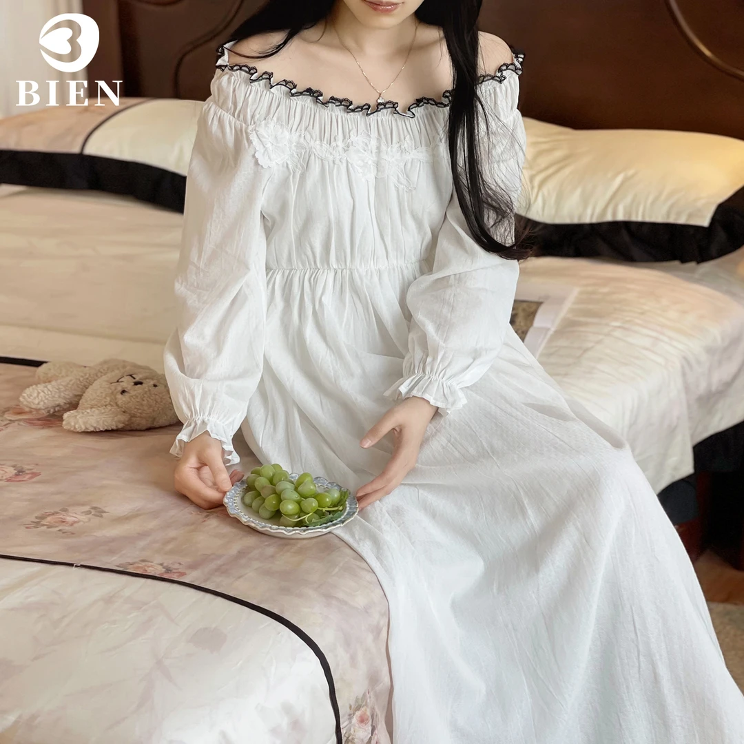 BIEN法式绝美宫廷风睡裙女春秋季甜美公主家居服长裙一字肩高级感