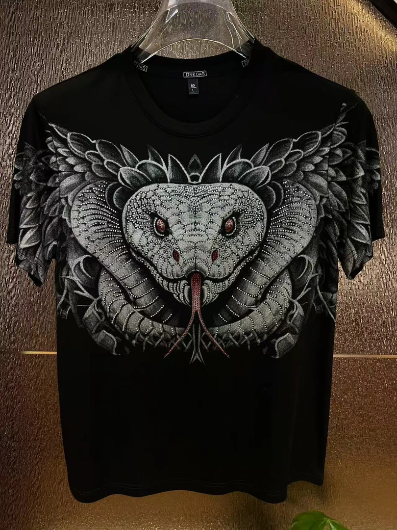 2025蛇年银蛇烫钻男士修身时尚轻奢重工印花圆领短袖