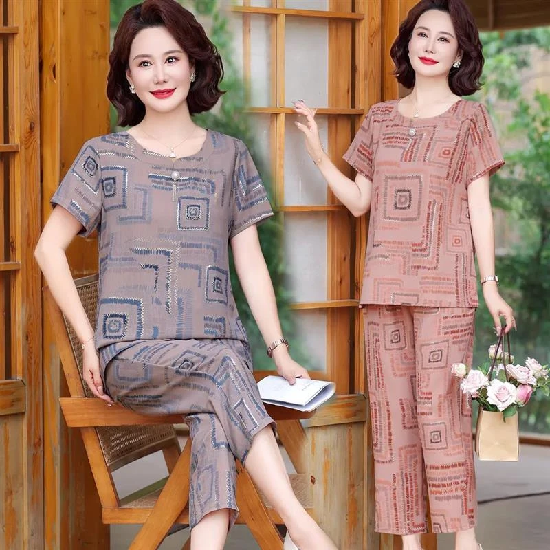 恒源祥彩羊妈妈装夏款短袖套装中老年两件套奶奶宽松套装