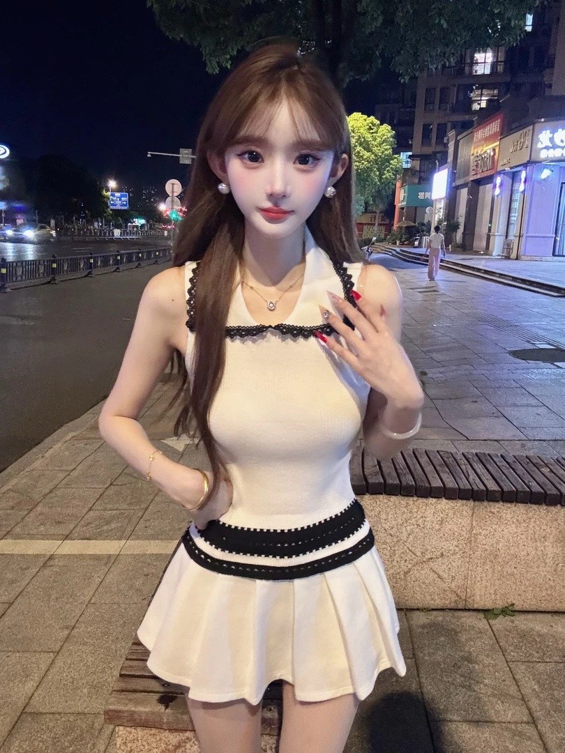 无袖辣妹毛针织衫娃娃领上衣