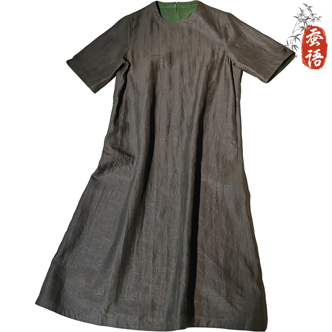 【绿龟连衣裙】桑蚕丝香云纱40姆米绿龟圆领短袖连衣裙