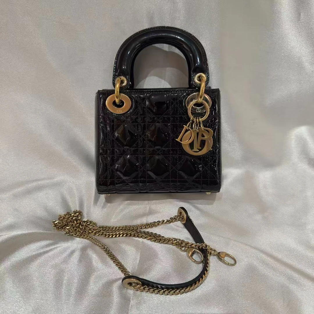 99新 DIOR/迪奥 壹所奢品Dior 三格戴妃包 漆皮 黑金/98新