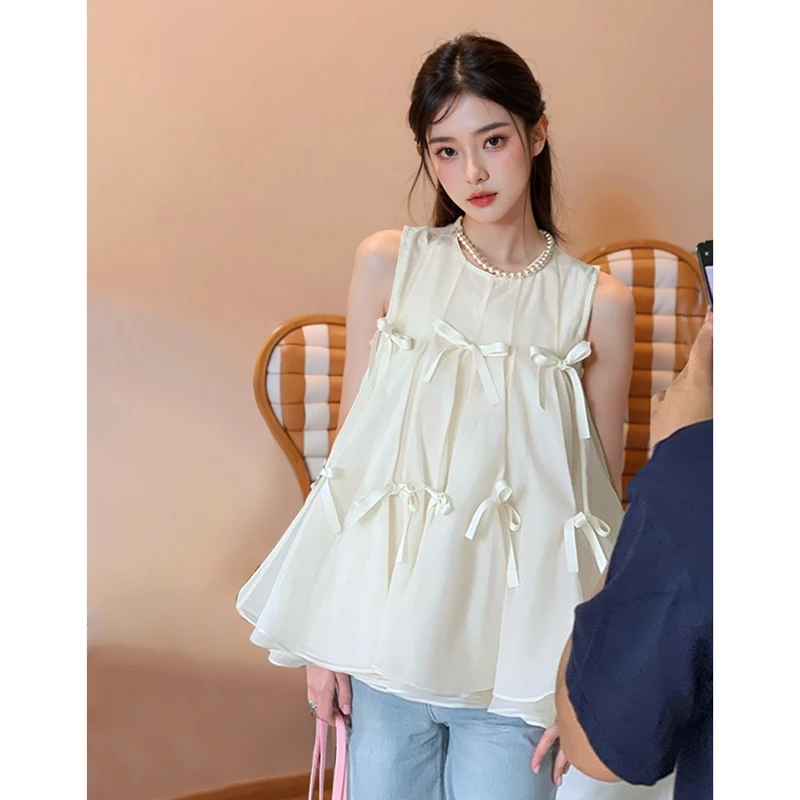 重工网纱拼接蝴蝶结背心上衣女2025新款甜美可爱减龄蓬蓬无袖背心