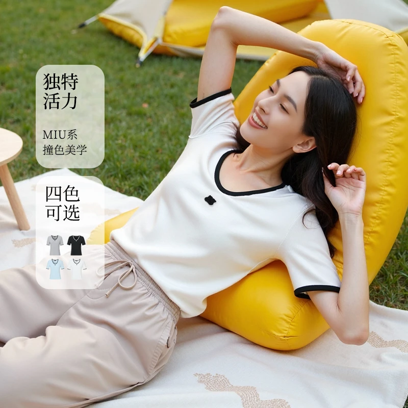 FS时尚圆领坑条肌理双色撞色修身T恤衫女25春新款5301A