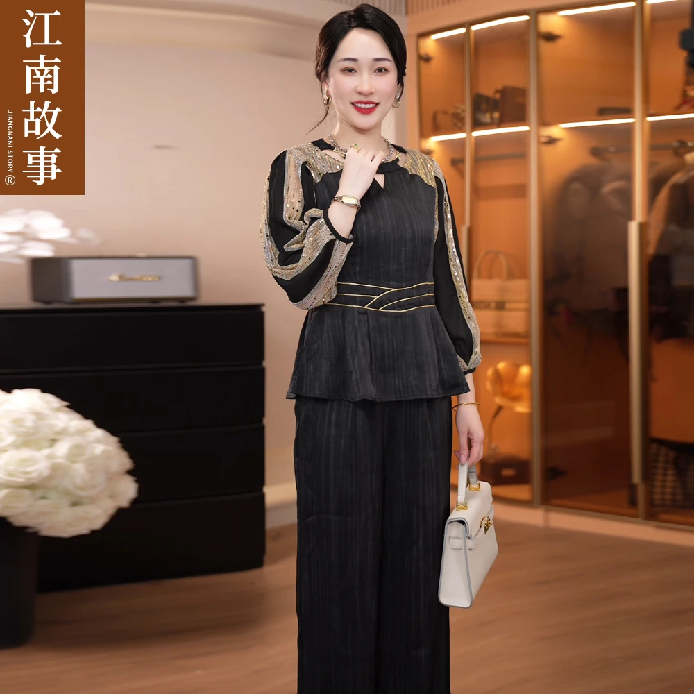 江南故事妈妈装早春时尚优雅套装中老年女气质拼接高贵减龄两件套