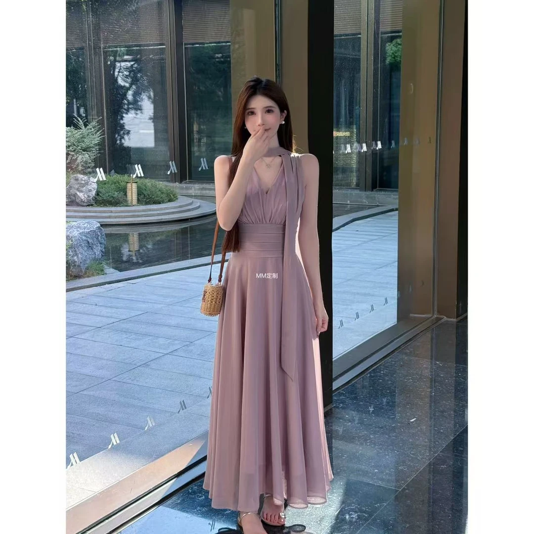 【萌萌家定制】显瘦气质洋气新款裙子入秋漫步V领挂脖夏季A437