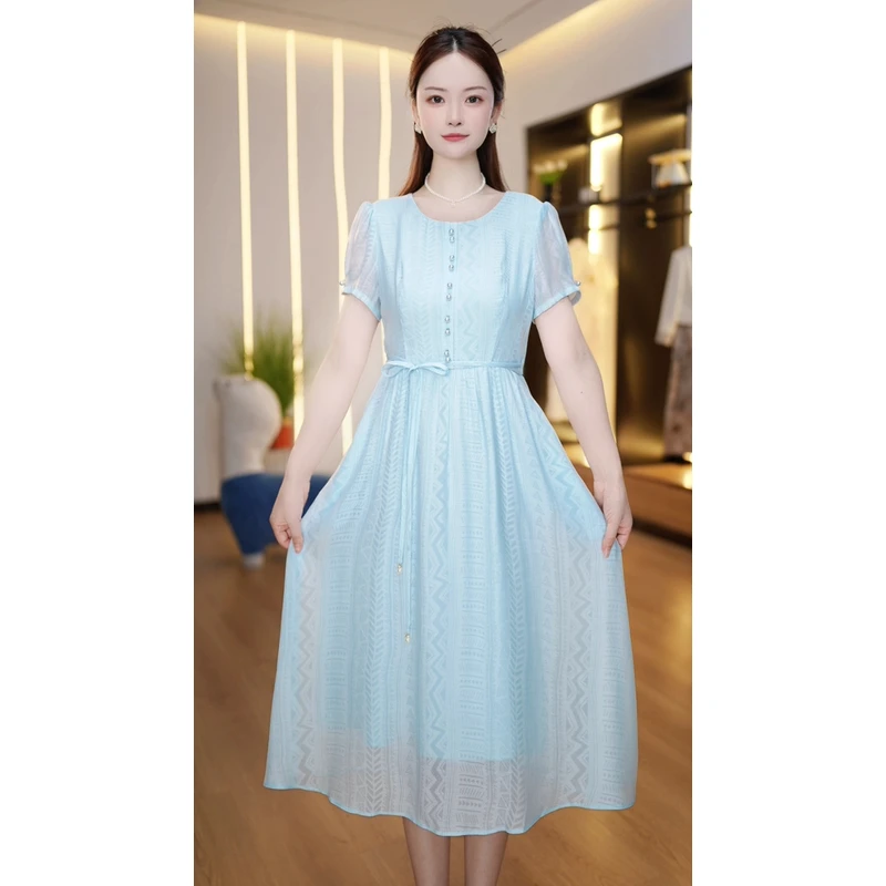 高级感洋气短袖连衣裙女2025夏装新款妈妈装显瘦时尚气质长裙子