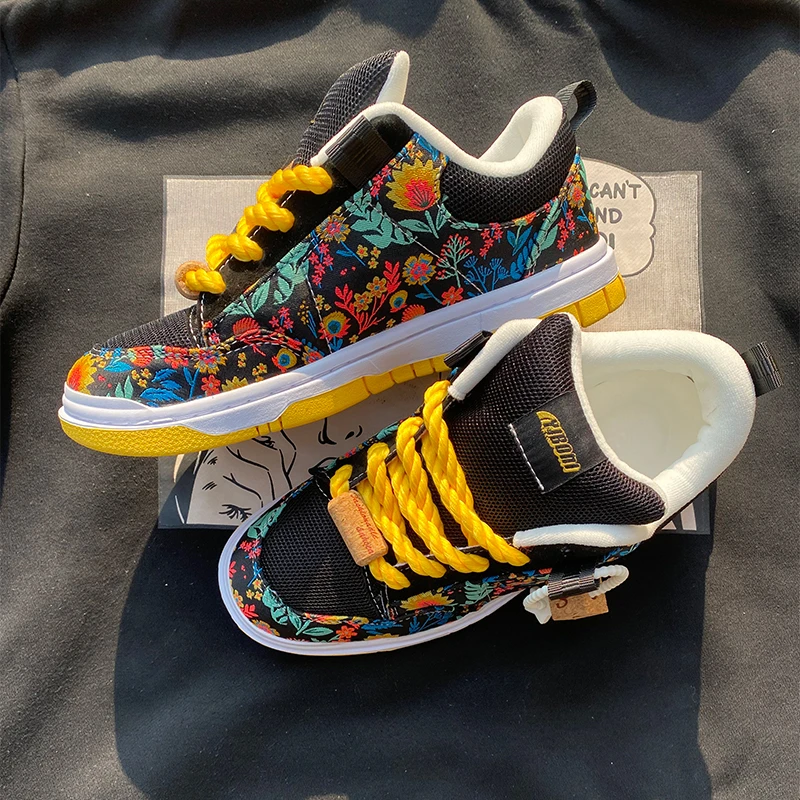 花开富贵图案低帮面包鞋时尚男士大码百搭潮流学生复古帆布鞋潮鞋