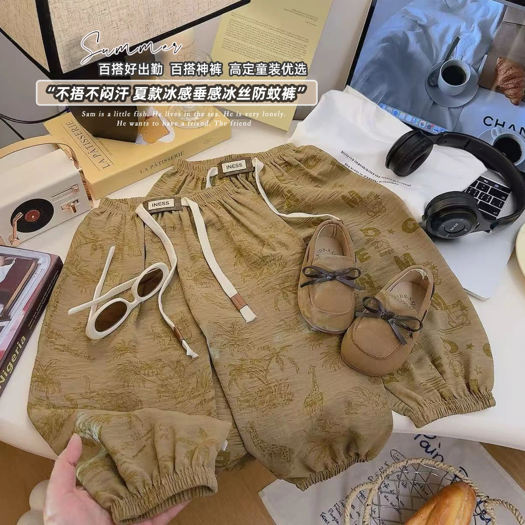 男女童夏季防蚊裤松紧带男女童休闲裤冰感工装裤印花裤子中裤童装