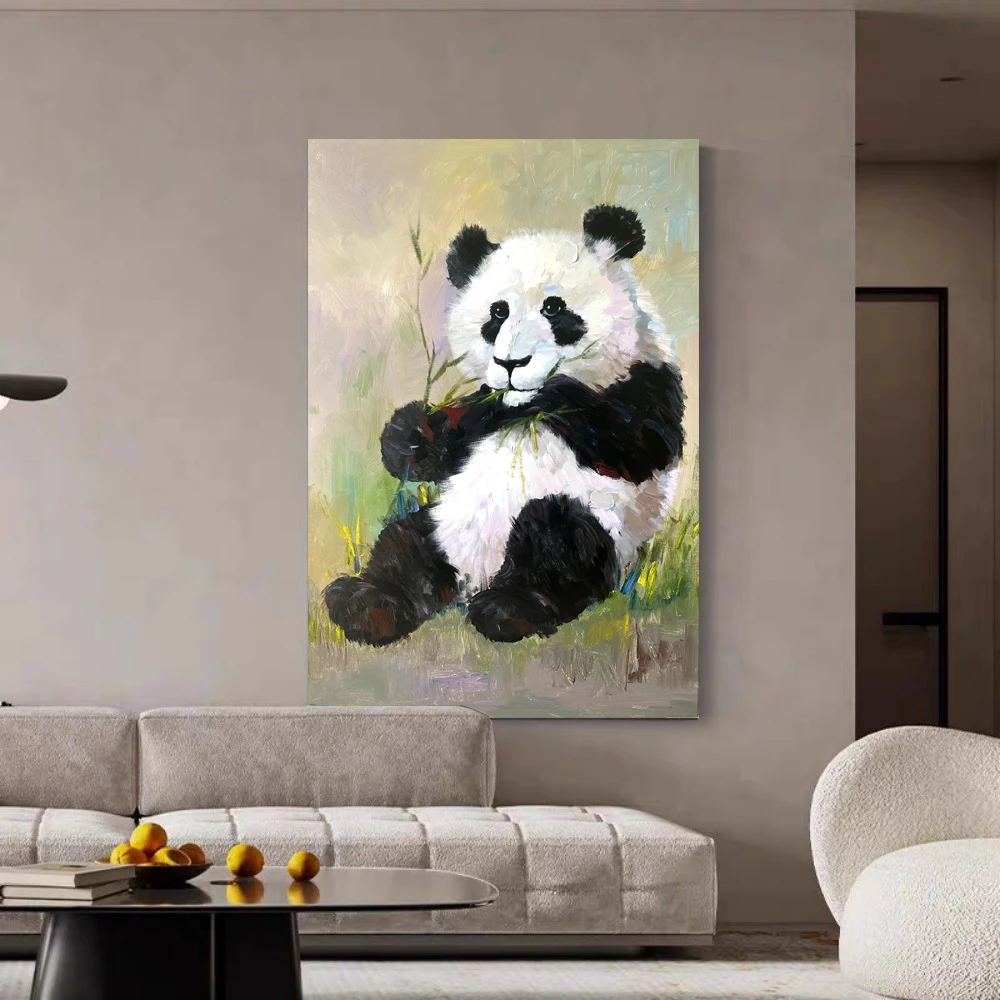 YHHP/一号画铺《憨熊》手绘熊猫油画玄关竖版客厅儿童房艺术挂画
