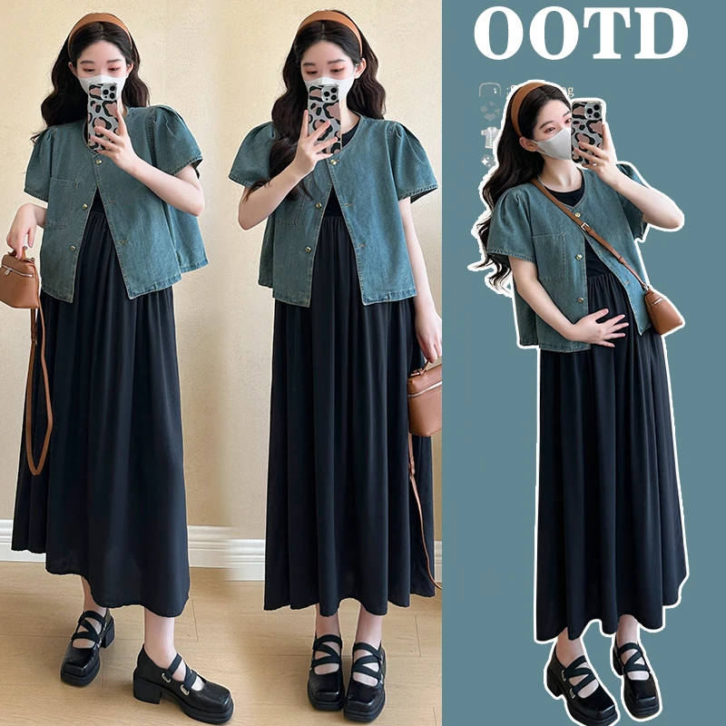 孕妇装春夏洋气时尚复古小牛仔小飞袖衬衫小个子百搭连衣裙两件套