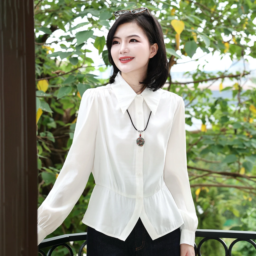 枫竺阿楠anan气质通勤风白色衬衫女早秋穿搭压褶衬衣长袖收腰上衣