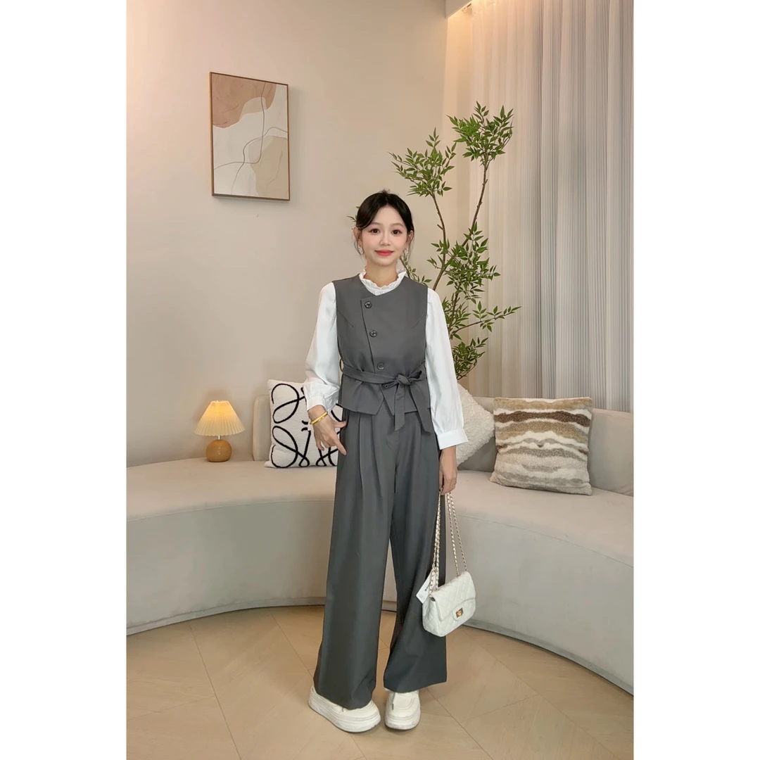 【奕诺天成】小个子优雅风气质衬衫收腰马甲阔腿裤显瘦三件套XF901
