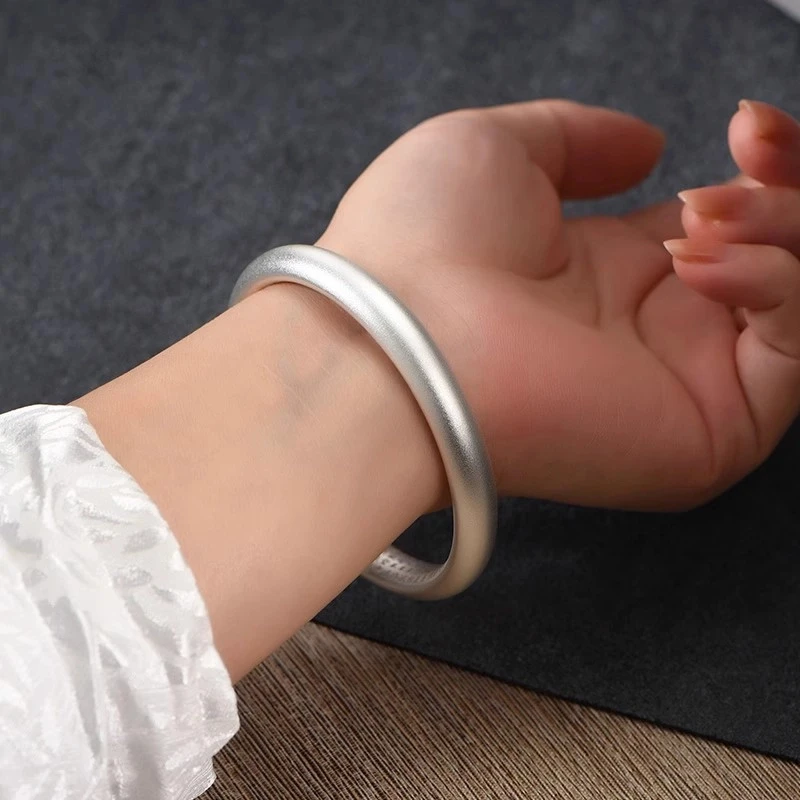 足银手镯 女999闭口泥鳅背古法心经磨砂素圈银镯子送妈妈