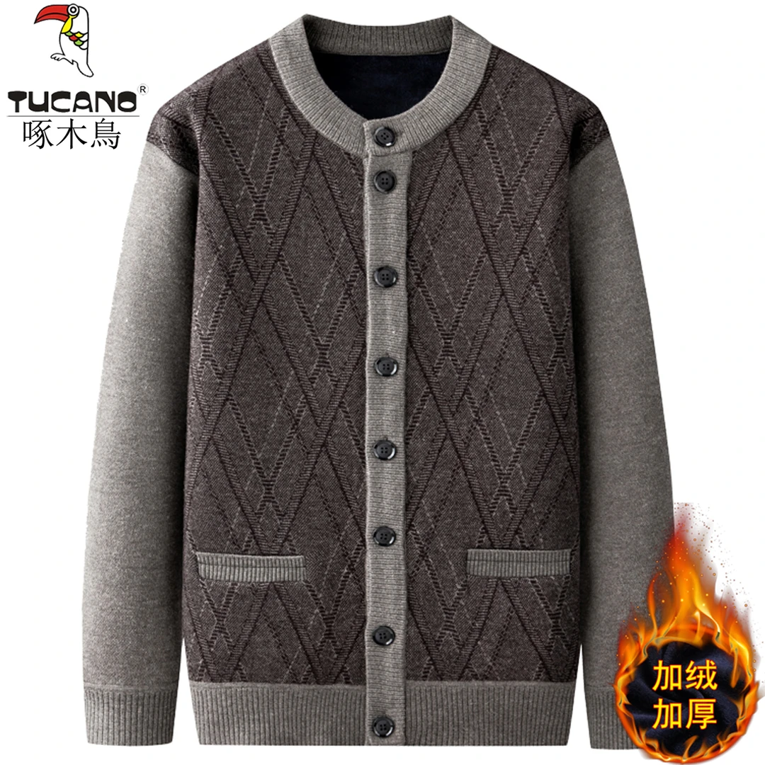啄木鸟针织开衫毛衣男60岁爸爸装秋冬季70岁爷爷加绒保暖80针织衫