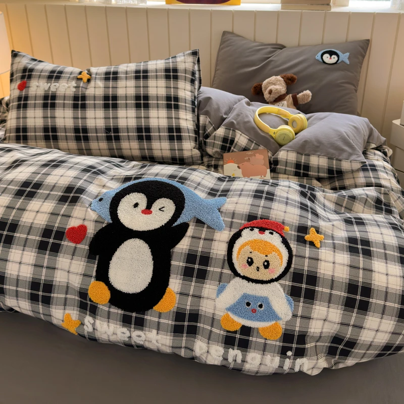卡通企鹅宝宝毛巾绣加厚磨毛床上四件套纯棉100%全棉被套床单床笠
