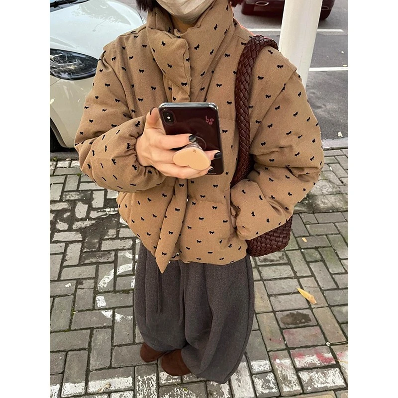 美拉德复古蝴蝶结碎花立领棉服外套女新款设计感小众棉衣棉袄冬季