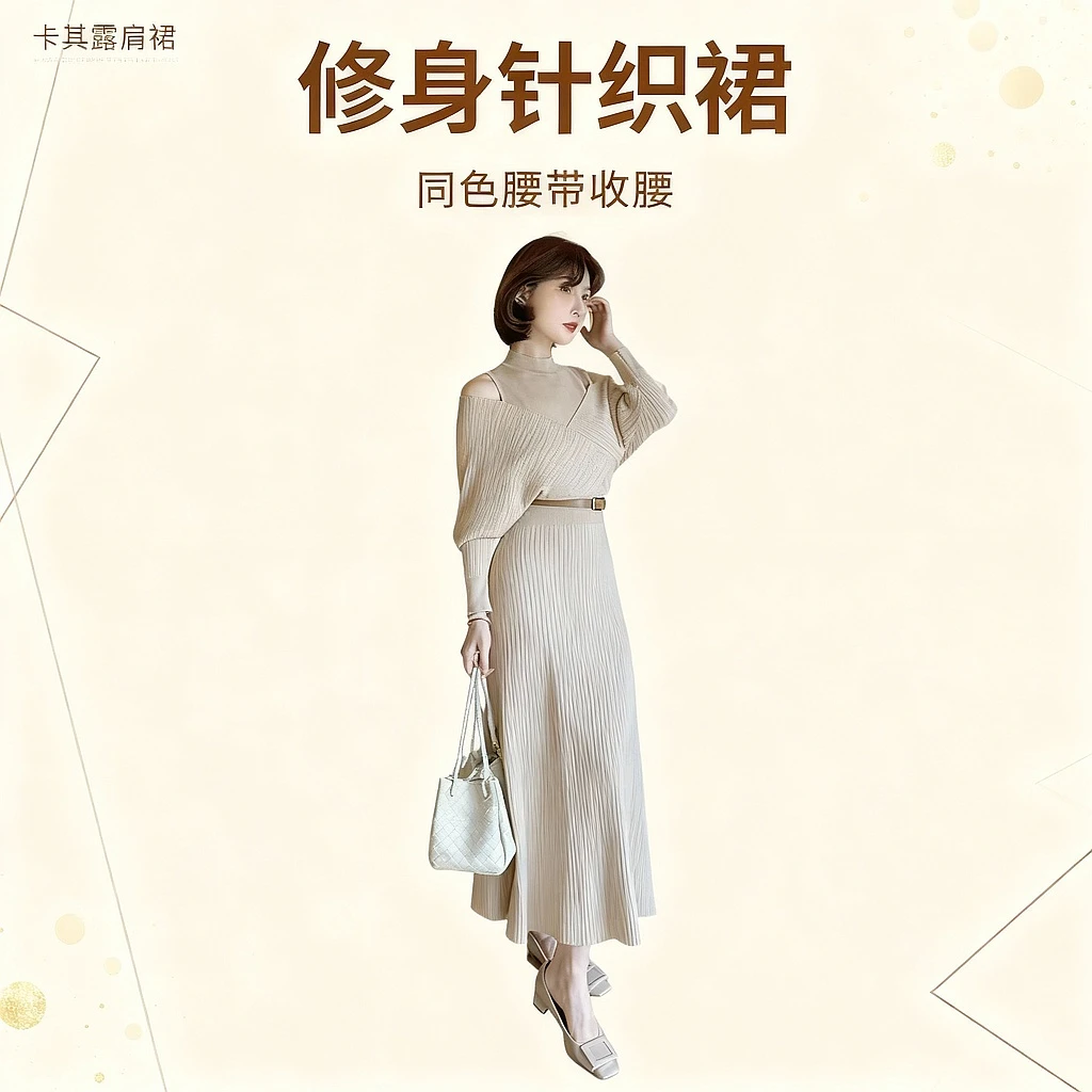 蕾英俊-焦糖午后-冬季卡其露肩同色腰带收腰修身针织裙-JFD7040
