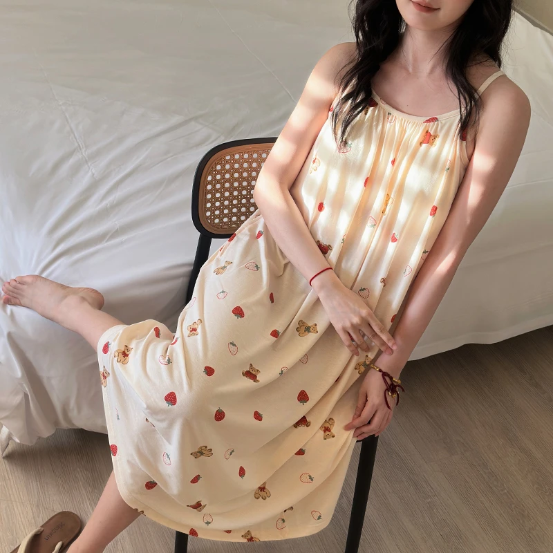 日系睡裙女夏季薄款莫代尔中长款甜美无袖吊带带胸垫连衣裙家居服