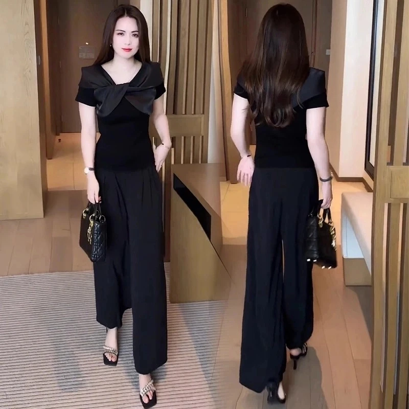 时尚套装夏季法式气质休闲减龄蝴蝶结T恤圆领短袖直筒裤两件套