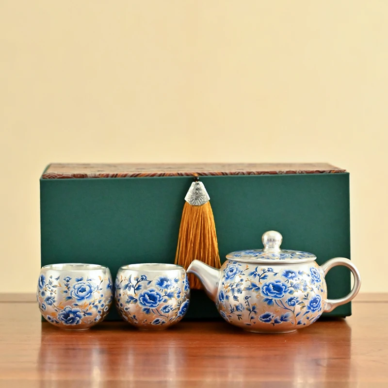 秋香茶具 国色天香瓷胎包银一壶两杯套装家用功夫茶具-4912
