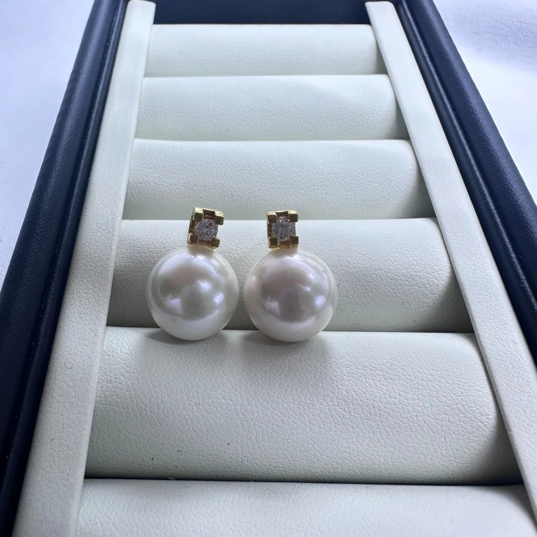 【戴妃耳钉】13-14mm18K金镶嵌天然珍珠耳饰气质时尚