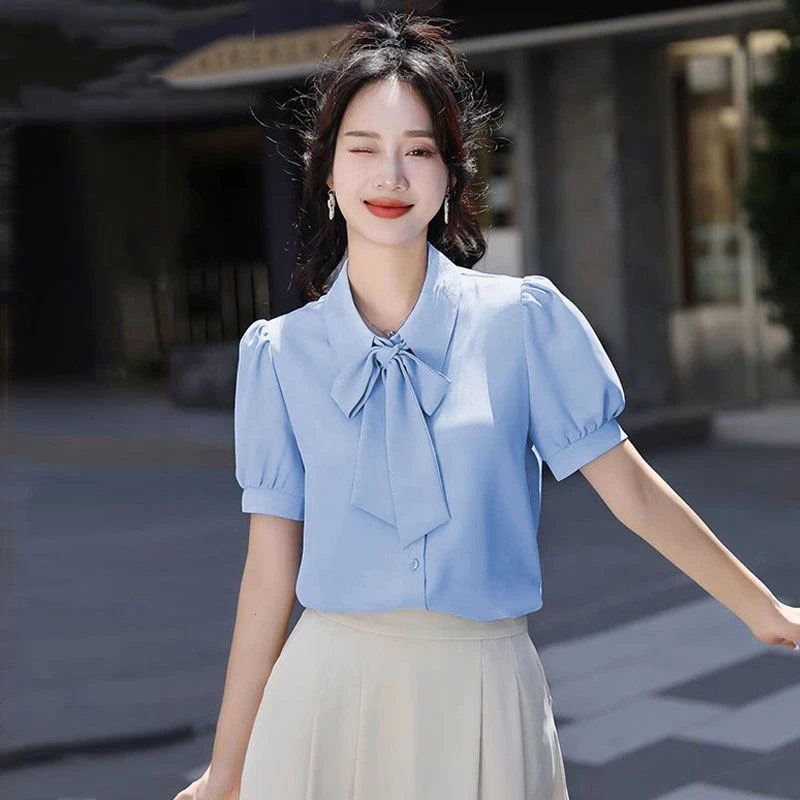 KALUOLAI/卡洛莱蝴蝶结系带缎面短袖衬衫女新款洋气休闲百搭上衣