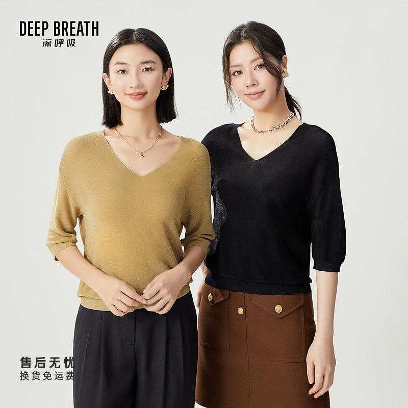 DEEP BREATH深呼吸女装新款廓形针织中袖金银丝套头衫A301591
